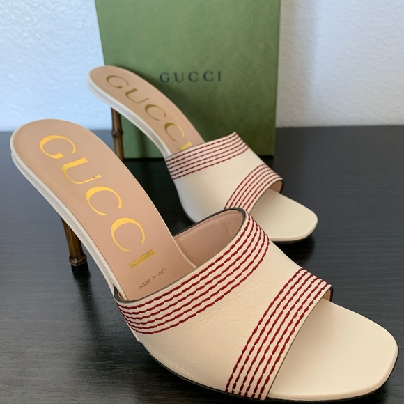 WOMEN'S GUCCI SLIDES HEELS SANDALS LEATHER BAMBOO HEEL SIZE 9.5 US/39.5 EU $820 - Picture 4 of 9